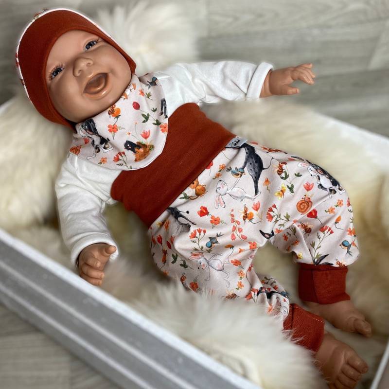 Baby Set 56 62 68 74 Hose , Mütze Und Dreieckstuch Erstausstattung New Born Set , Mädchen Junge Frühling Ostern Hase Orange Rot von DieStoffprinzessin