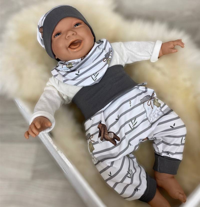 Baby Set 56 62 68 74 Hose , Mütze Und Dreieckstuch Erstausstattung New Born Set , Mädchen Pumphose, Beige Weiss Bär Fee von DieStoffprinzessin