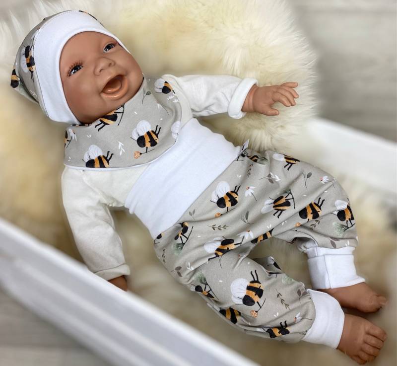 Baby Set 56 62 68 74 Hose , Mütze Und Dreieckstuch Erstausstattung New Born Set , Mädchen Pumphose, Beige Weiss Hummel Gelb von DieStoffprinzessin