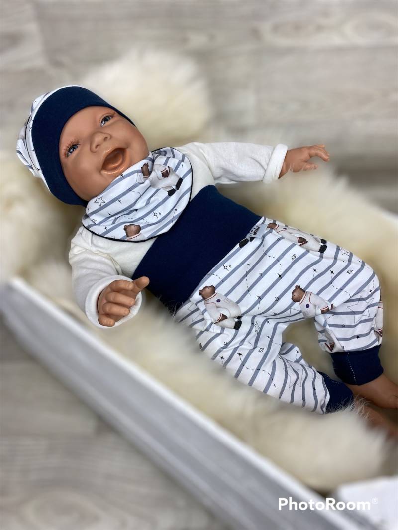 Baby Set 56 62 68 74 Hose , Mütze Und Dreieckstuch Erstausstattung New Born Set , Mädchen Pumphose, Blau Weiss Bär Astronaut von DieStoffprinzessin