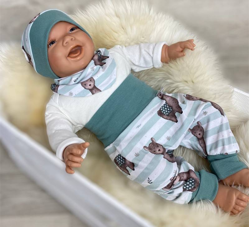 Baby Set 56 62 68 74 Hose , Mütze Und Dreieckstuch Erstausstattung New Born Set , Mädchen Pumphose, Mint Weiss Lama von DieStoffprinzessin