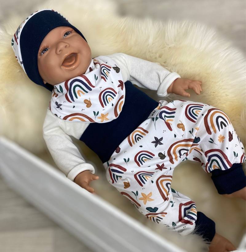 Baby Set 56 62 68 74 Hose , Mütze Und Dreieckstuch Erstausstattung New Born Set , Mädchen Pumphose, Regenbogen Rot Junge Blau Hose von DieStoffprinzessin