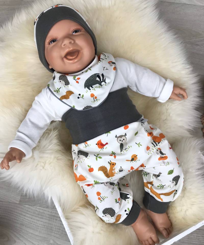 Baby Set 56 62 68 74 Hose , Mütze Und Dreieckstuch Erstausstattung New Born Set Fuchs Junge Pumphose Weiß Rot Waldtiere von DieStoffprinzessin
