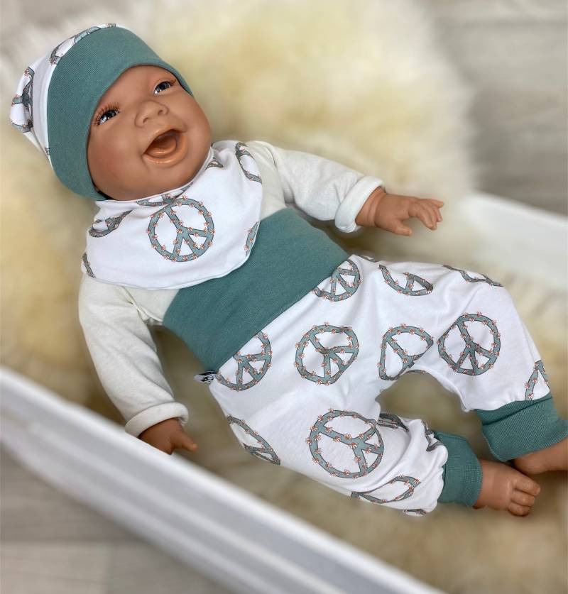 Baby Set 56 62 68 74 Hose , Mütze Und Dreieckstuch Erstausstattung New Born Set Hase, Mädchen Pumphose Peace Blumen Halstuch von DieStoffprinzessin
