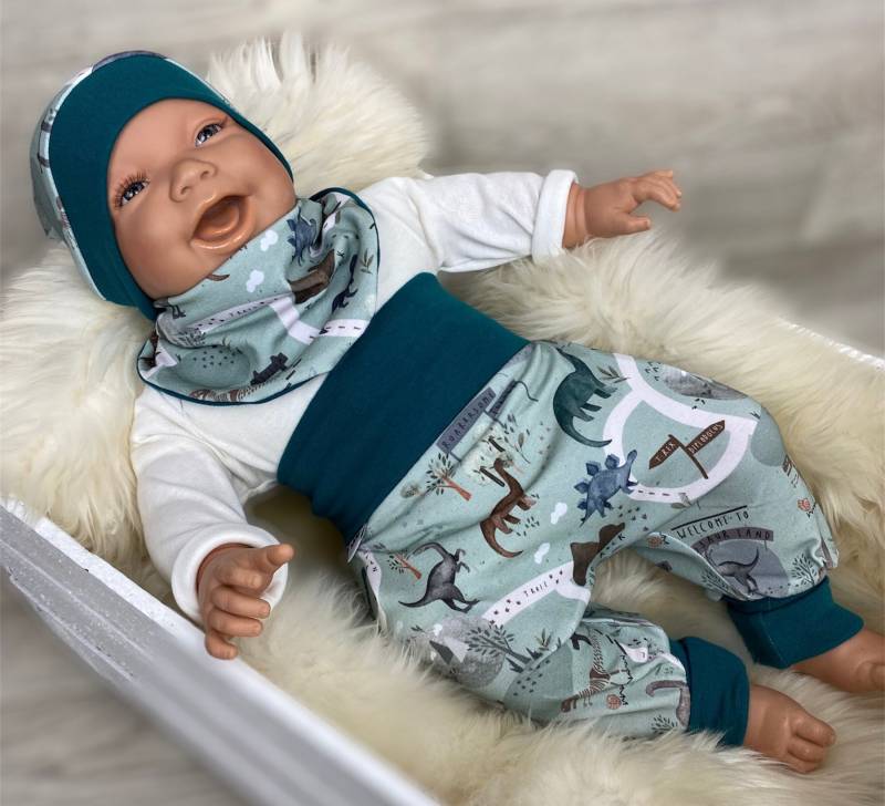 Baby Set 56 62 68 74 Hose , Mütze Und Dreieckstuch Erstausstattung New Born Set Junge Pumphose Dino Mint Petrol von DieStoffprinzessin