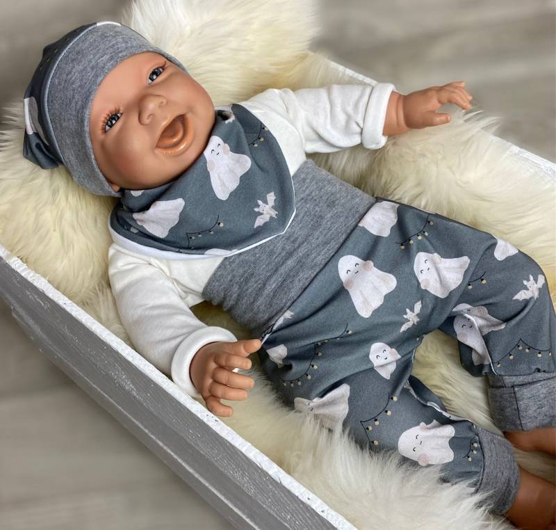Baby Set 56 62 68 74 Hose , Mütze Und Dreieckstuch Erstausstattung New Born Set Junge Pumphose Gespenst Fledermaus Grau von DieStoffprinzessin