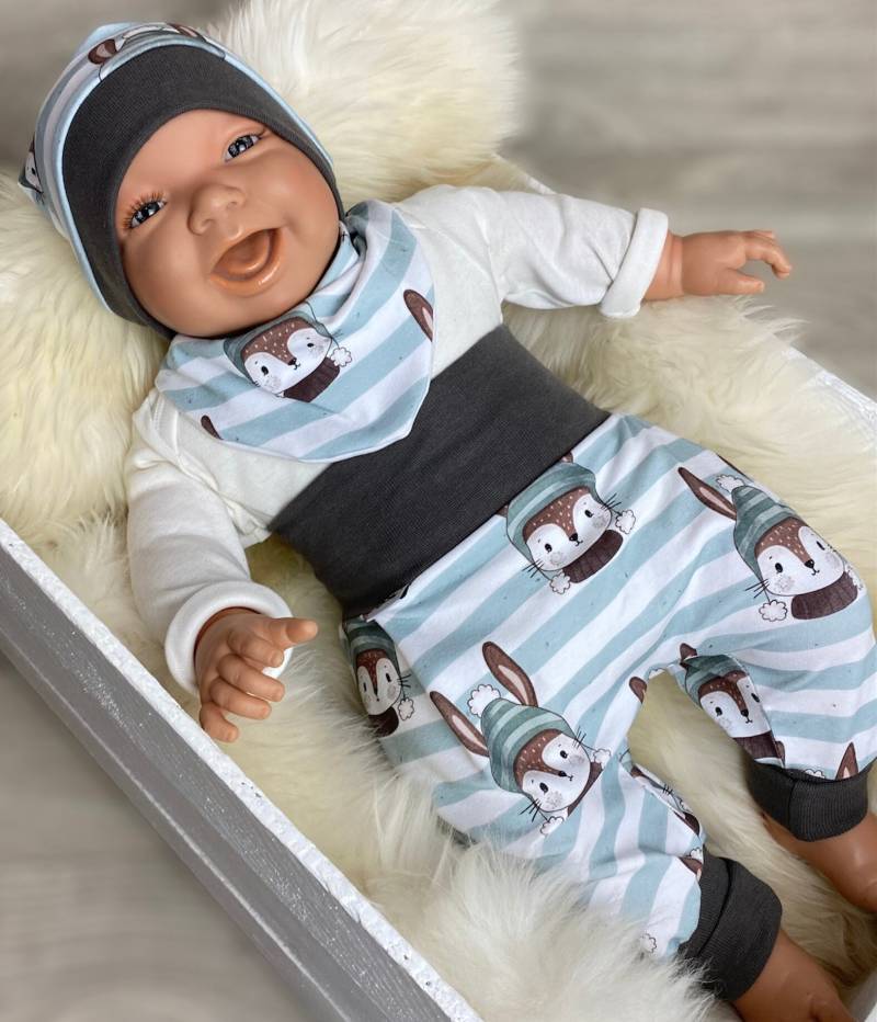 Baby Set 56 62 68 74 Hose , Mütze Und Dreieckstuch Erstausstattung New Born Set Junge Pumphose Hase Mint Winter von DieStoffprinzessin