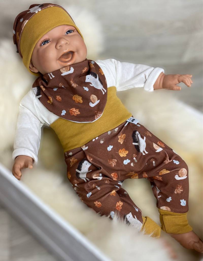 Baby Set 56 62 68 74 Hose , Mütze Und Dreieckstuch Erstausstattung New Born Set Junge Pumphose Igel Blätter Rost von DieStoffprinzessin
