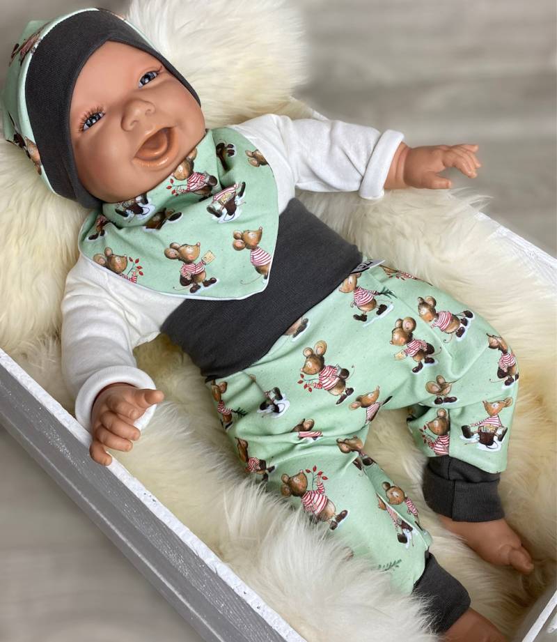 Baby Set 56 62 68 74 Hose , Mütze Und Dreieckstuch Erstausstattung New Born Set Junge Pumphose Maus Weihnachten Mint von DieStoffprinzessin