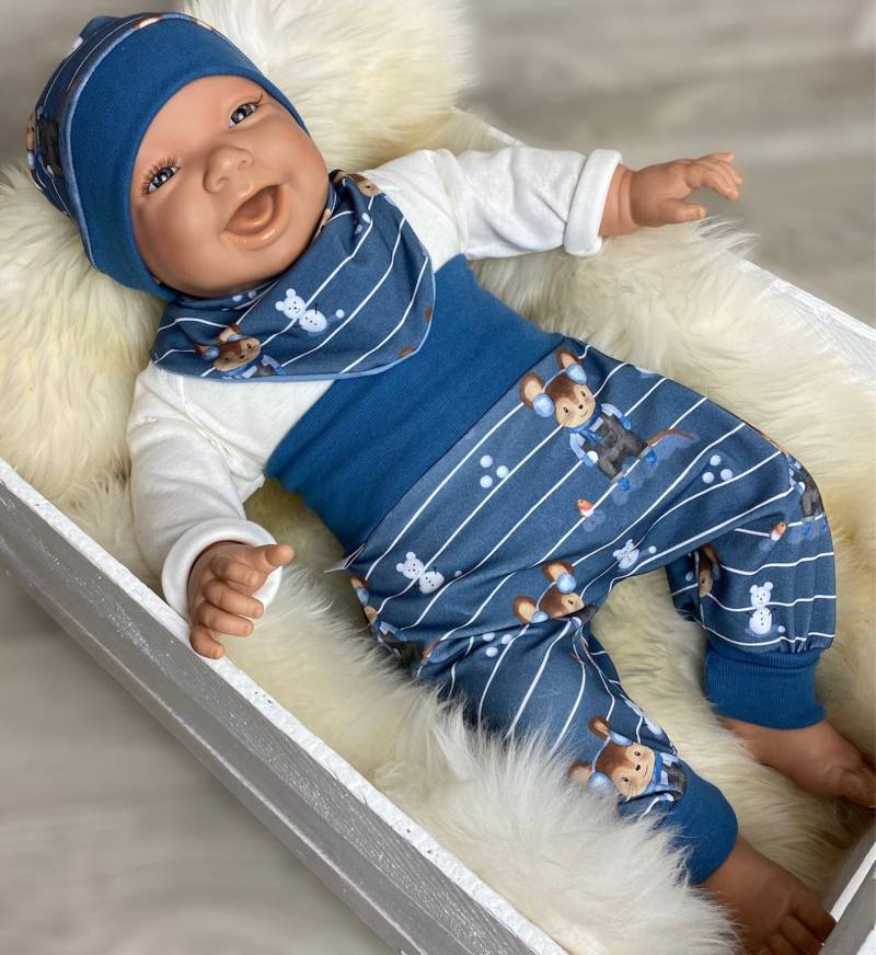 Baby Set 56 62 68 74 Hose , Mütze Und Dreieckstuch Erstausstattung New Born Set Junge Pumphose Maus Winter Blau von DieStoffprinzessin