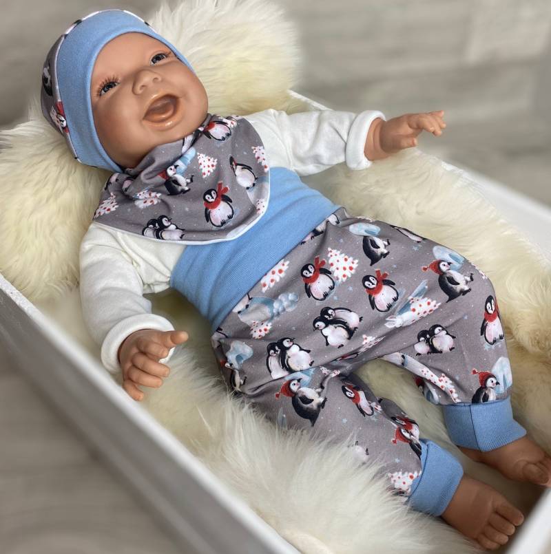 Baby Set 56 62 68 74 Hose , Mütze Und Dreieckstuch Erstausstattung New Born Set Junge Pumphose Pinguin Winter Grau von DieStoffprinzessin