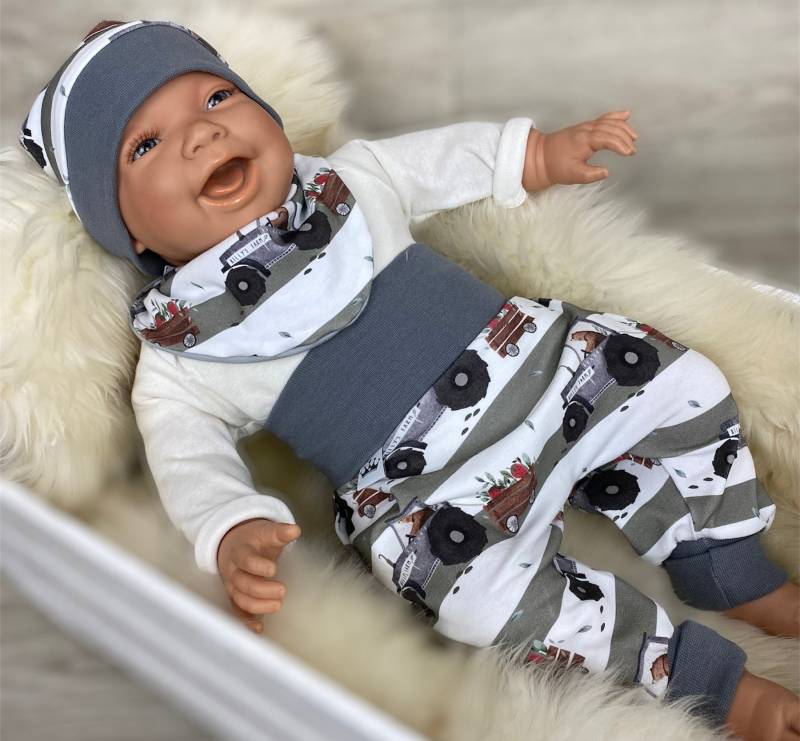 Baby Set 56 62 68 74 Hose , Mütze Und Dreieckstuch Erstausstattung New Born Set Traktor Bär Grün Junge Pumphose Fahrzeuge Grau von DieStoffprinzessin