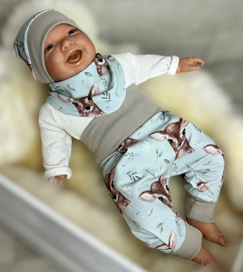 Baby Set Mit Hose , Mütze Und Dreieckstuch Erstausstattung Geschenk Zur Geburt Mädchen Pumphose Reh Mint von DieStoffprinzessin