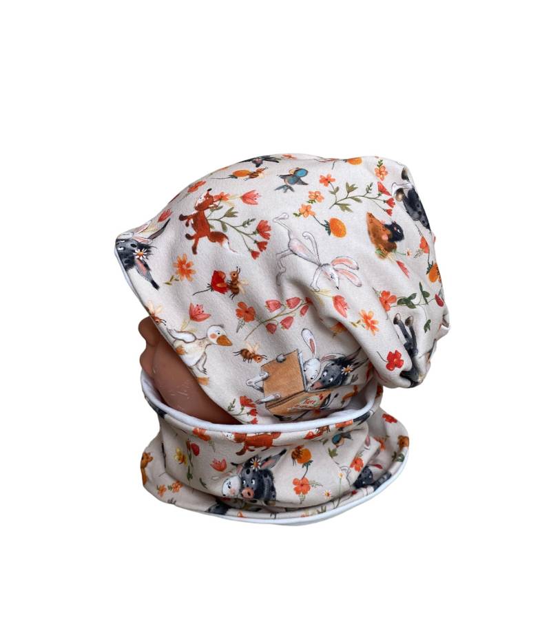 Beanie Und Loop Set , Blumen Esel Hase Rot Frühling Mädchen Kindermütze, Mützen Mädchenmütze von DieStoffprinzessin