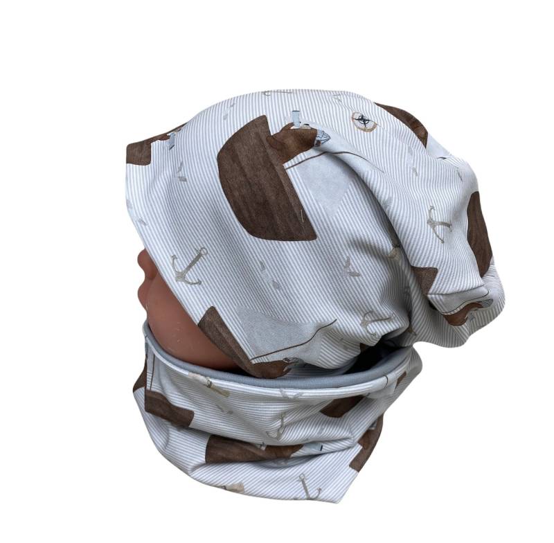 Beanie Und Loop Set , Jersey Fleece Gr 44-54 Bär Matrose Boot Beige Weiss Kindermütze, Mützen Mädchen, Babymütze, Mädchenmütze Junge von DieStoffprinzessin