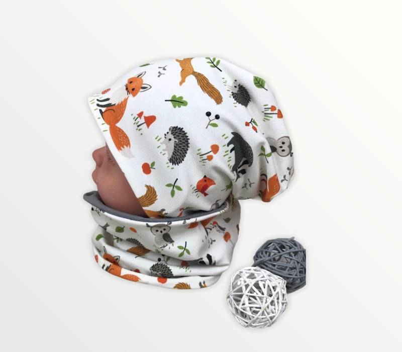 Beanie Und Loop Set , Jersey Fleece Gr 44-54 Fuchs Beige Kindermütze, Mädchen Junge Mütze Grau, Mützen Set Halssocke von DieStoffprinzessin