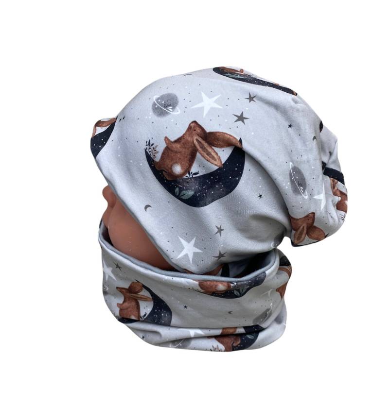 Beanie Und Loop Set , Jersey Fleece Gr 44-54 Kaninchen Kindermütze, Mädchen Hasen Mond Grau Weiß Mädchen Mütze Junge von DieStoffprinzessin