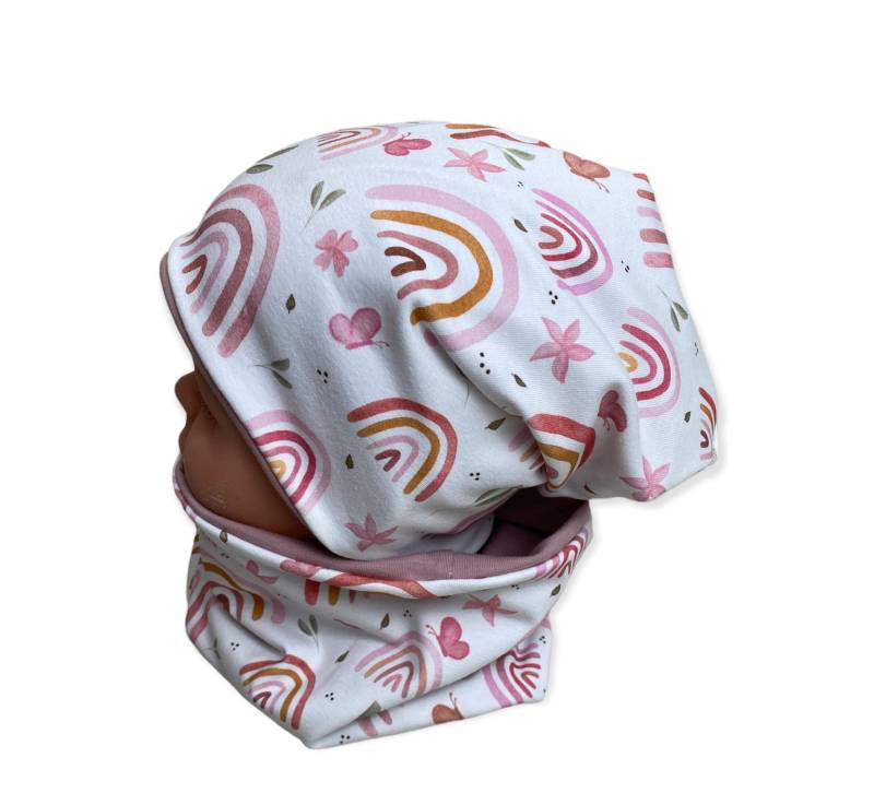 Beanie Und Loop Set , Jersey Fleece Gr 44-54 Kindermütze Altrosa Regenbogen Rosa Mützen Set Schmetterling Mädchen von DieStoffprinzessin