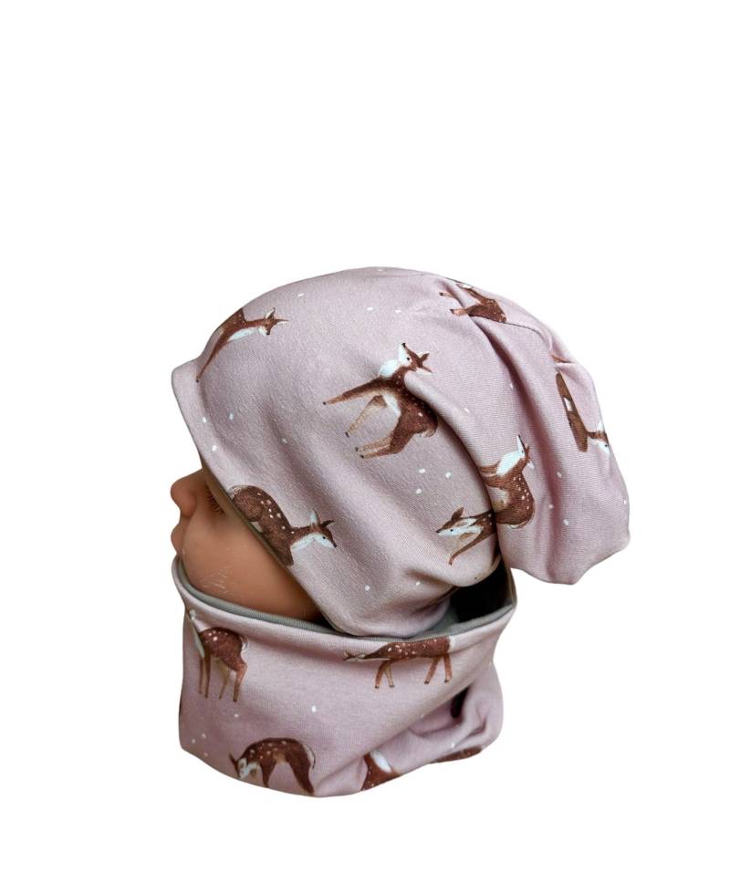 Beanie Und Loop Set , Jersey Fleece Gr 44-54 Kindermütze Altrosa Reh Braun Rosa Mützen Set Schmetterling Mädchen von DieStoffprinzessin