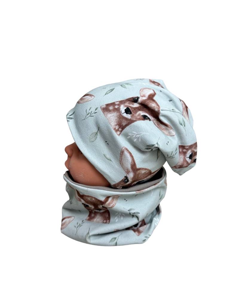 Beanie Und Loop Set , Jersey Fleece Gr 44-54 Kindermütze Mint Braun Reh Mützen Set Mädchen von DieStoffprinzessin