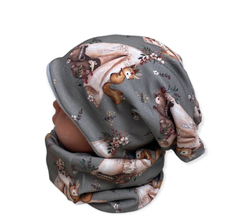 Beanie &loop Set , Gr 44-54 Mütze Kindermütze, Mützen Mädchen Mütze Wintermütze Braun Boho Waldtiere von DieStoffprinzessin