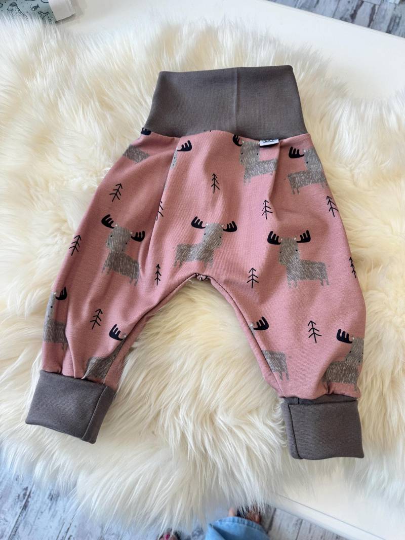 Bio Jersey Pumphose Haremshose Gr. 56-110, Hose Mädchen Elch Winter Altrosa Babyhose , Kinder von DieStoffprinzessin