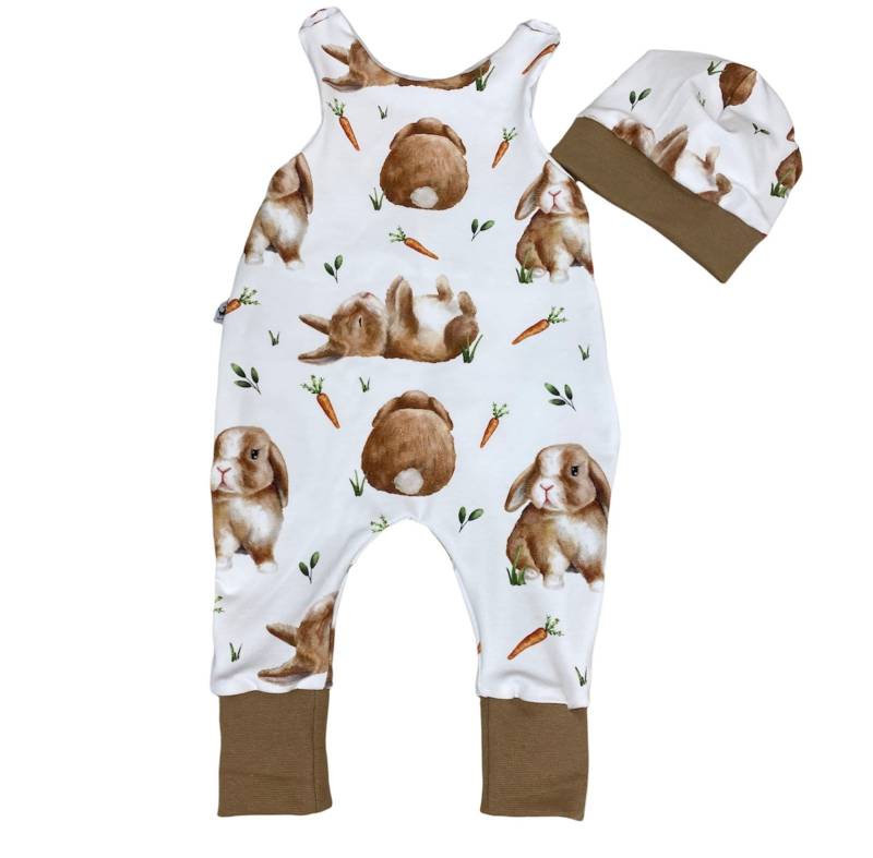 Bio Jersey Strampler 56 62 68 74 Hase Braun Weiß Hose, Einteiler , Strampelanzug Mütze Mädchen, Latzhose, Babyset Erstausstattung von DieStoffprinzessin