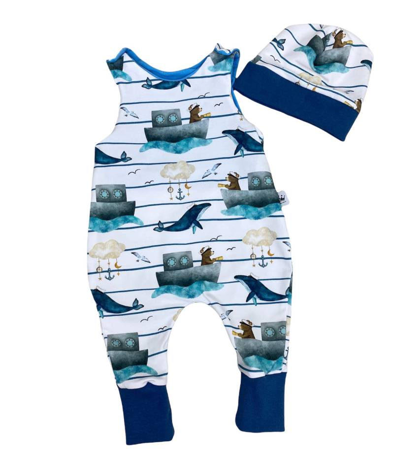 Strampler 56 62 68 74 Angel Bär Wal Hose, Einteiler , Strampelanzug Mütze , Blau Weiß Latzhose, Babyset Junge Dunkelblau Erstausstattung von DieStoffprinzessin