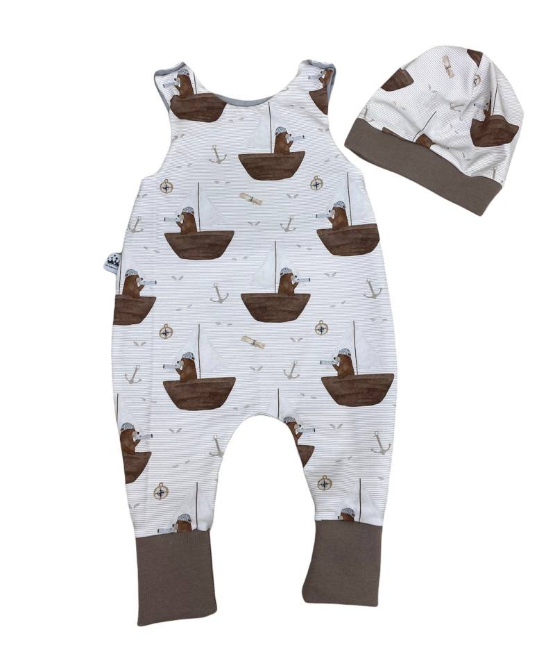 Strampler 56 62 68 74 Bär Matrose Beige Hose, Einteiler , Strampelanzug Mütze Mädchen, Latzhose, Babyset Mädchen Junge Erstausstattung von DieStoffprinzessin