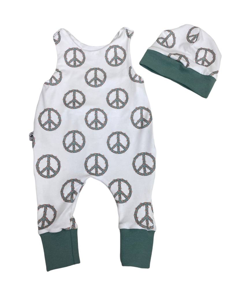 Strampler 56 62 68 74 Peace Blumen Weiß , Hose, Einteiler , Strampelanzug Mütze Junge Latzhose, Babyset Mädchen Erstausstattung von DieStoffprinzessin