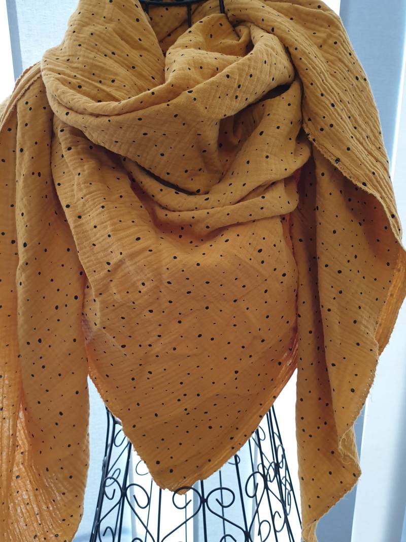 xxl Musselin Tuch Musselintuch Halstuch Schal Damen Senf Punkte Schwarz W678 von DieWichtelstickerei