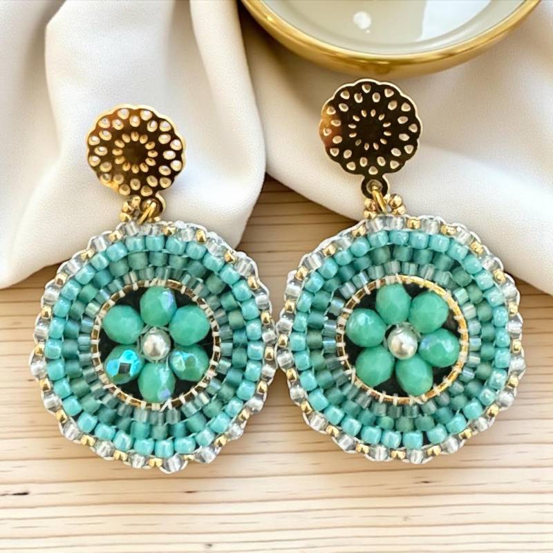 Zarte Perlenohrringe, Miyuki Und Kristallperlen in Türkis. Ohrstecker Edelstahl, Goldfarben, Handgefertigtes Unikat von DieknuepfereiAT