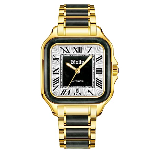 Diella Eckige Armbanduhr Männer, Herren Automatik Uhren Datumsanzeige, Schwarz Grün Jade & Edelstahl Herren Armband Uhren Wasserdicht (Modell: AD6027G) von Diella