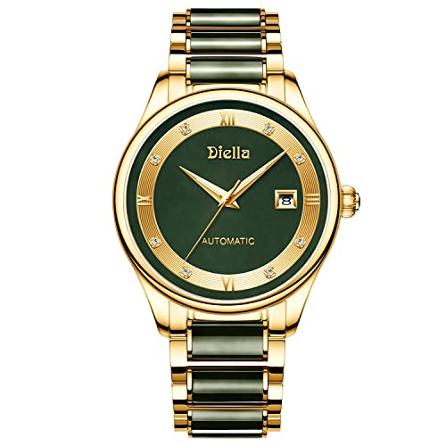 Diella Uhren Herren Datumsanzeige Wasserdicht, Selbstwindender, Gold Edelstahl und Schwarz Grün Jade Armband Uhren Geschenke für Männer von Diella