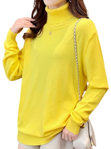Dierouya Damen Rollkragenpullover Sweater Langarm Strick, gelb, L-3XL von Dierouya