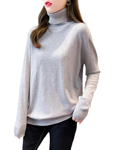 Dierouya Damen Rollkragenpullover Sweater Langarm Strick, hellgrau, XXL/3XL von Dierouya