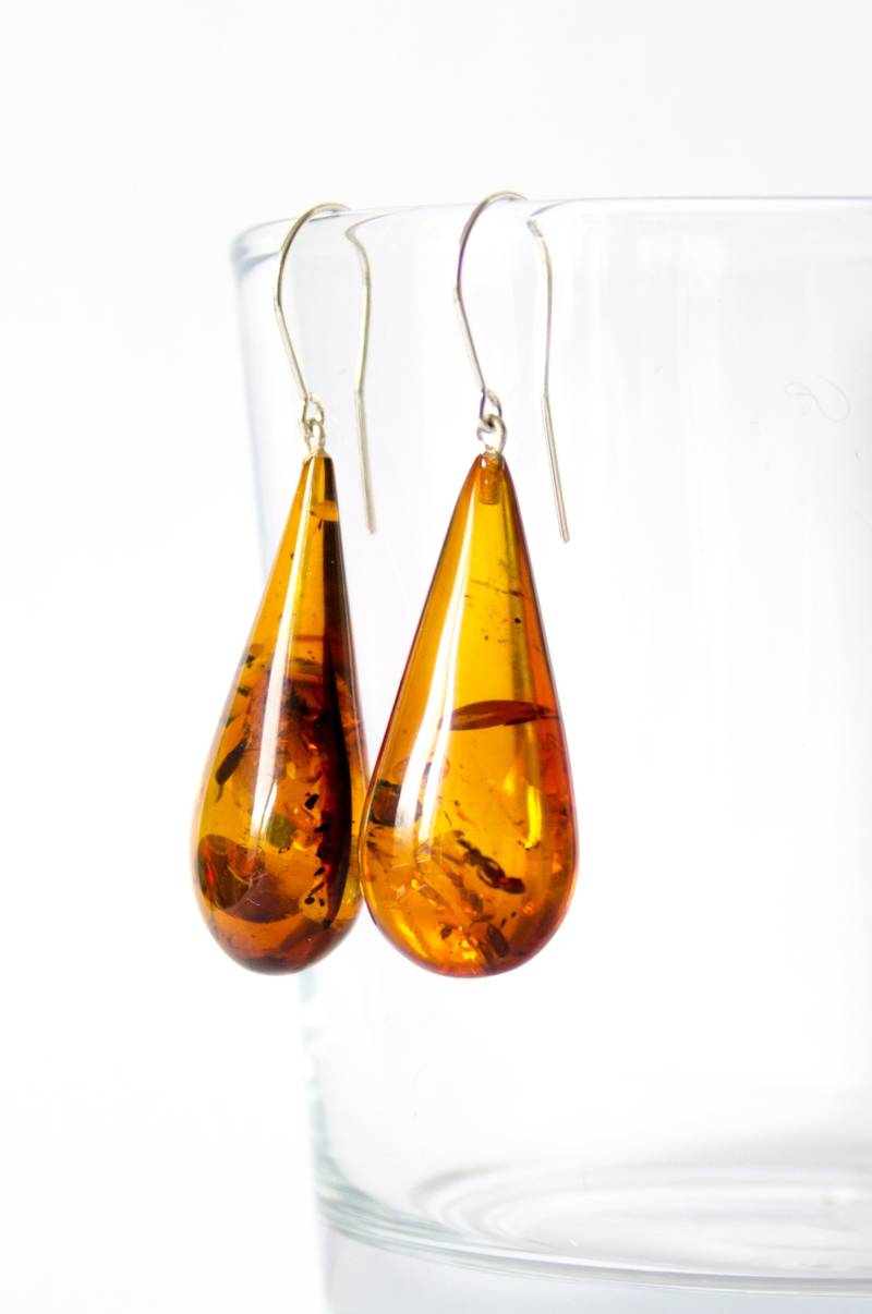 Amber Earrings Dangle Amber Cognac Gold Teardrops Natur Royal Gift For Her Statement Silver 925 von DiesAndDas