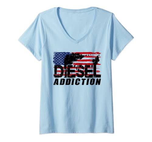 Damen T-Shirt mit Aufschrift "Diesel Addiction", American Truck Addict Shirt T-Shirt mit V-Ausschnitt von Diesel Love Tees