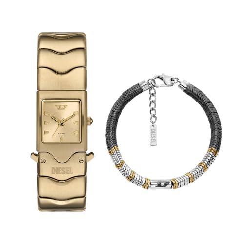 Diesel Herren Closer Goldfarbene Edelstahl Uhr und D-Logo Armband Silberfarben Halbedelstein, Set von Diesel