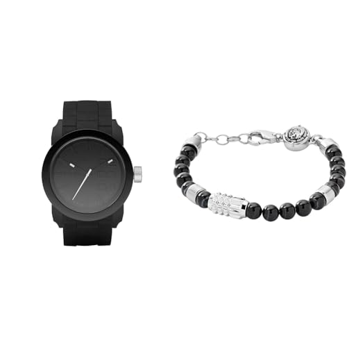 Diesel Herren Double Down S44 Schwarze Silikonuhr und Edelstahl Armband, Set von Diesel
