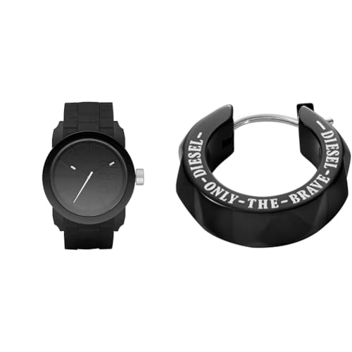 Diesel Herren Double Down S44 Schwarze Silikonuhr und Edelstahl Ohrring, Set von Diesel