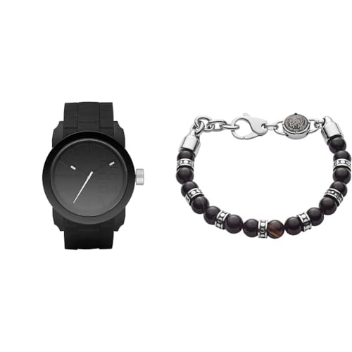 Diesel Herren Double Down S44 Schwarze Silikonuhr und Halbedelstein Armband, Set von Diesel