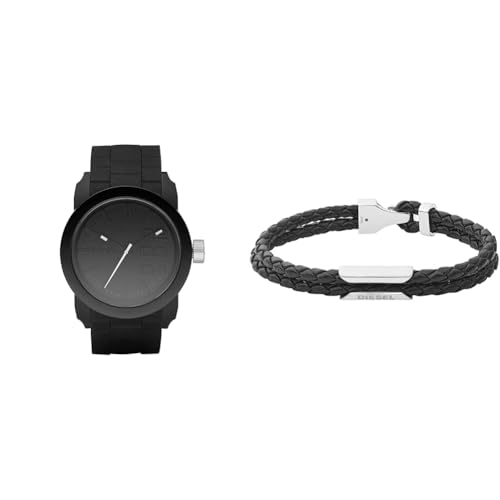 Diesel Herren Double Down S44 Schwarze Silikonuhr und Leder Armband, Set von Diesel