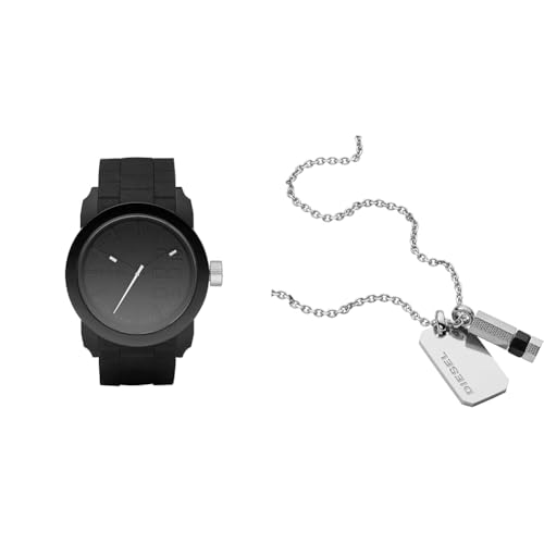 Diesel Herren Double Down S44 Schwarze Silikonuhr und Silberfarbener Edelstahl Halskette, Set von Diesel