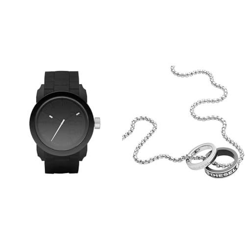 Diesel Herren Double Down S44 Schwarze Silikonuhr und Silberfarbener Edelstahl Halskette, Set von Diesel