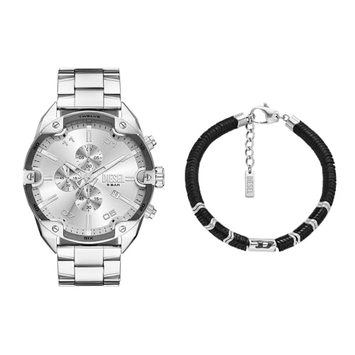 Diesel Herren Gespitzte Silberfarbene Edelstahl Uhr und D-Logo Armband Halbedelstein, Set von Diesel