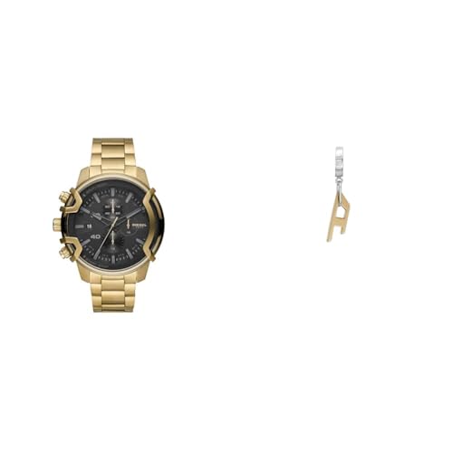 Diesel Herren Griffed Goldfarbene Edelstahl Uhr und Ohrringe, Set von Diesel
