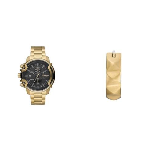 Diesel Herren Griffed Goldfarbene Edelstahl Uhr und Ohrringe, Set von Diesel