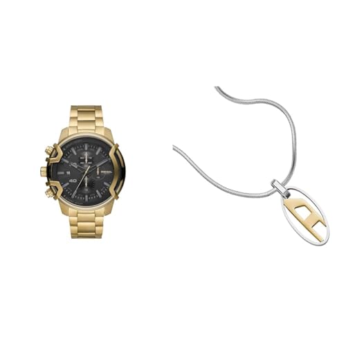 Diesel Herren Griffed Goldfarbene Edelstahl Uhr und Silberfarbene Halskette, Set von Diesel