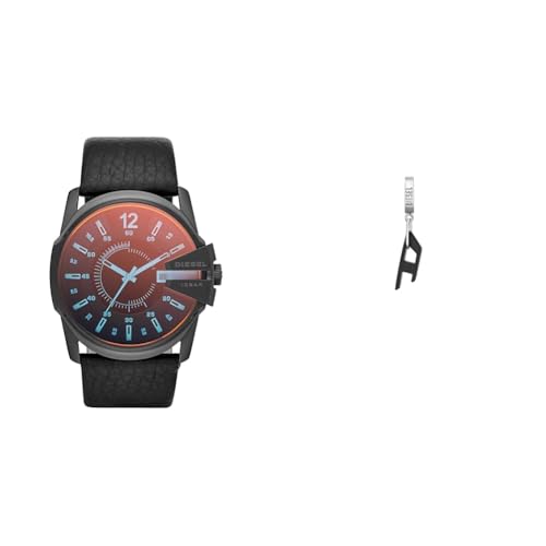 Diesel Herren Master Chief Schwarze Lederuhr und Edelstahl Ohrringe, Set von Diesel